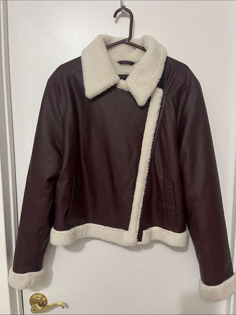 Hollister Brown Faux Leather Shearling Jacket with Cream Trim